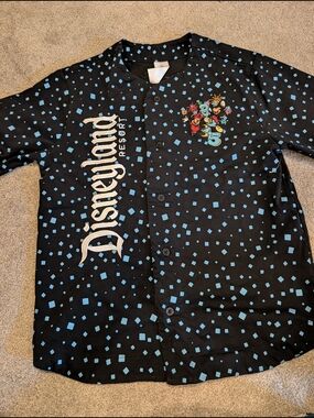 Disney Black Button-Up Resort Shirt with Blue Square Print MEDIUM